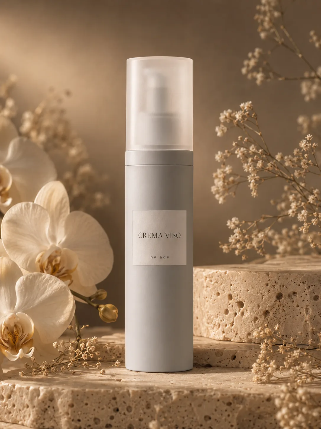 Crema Viso Comfort su blocchi di travertino tra orchidee