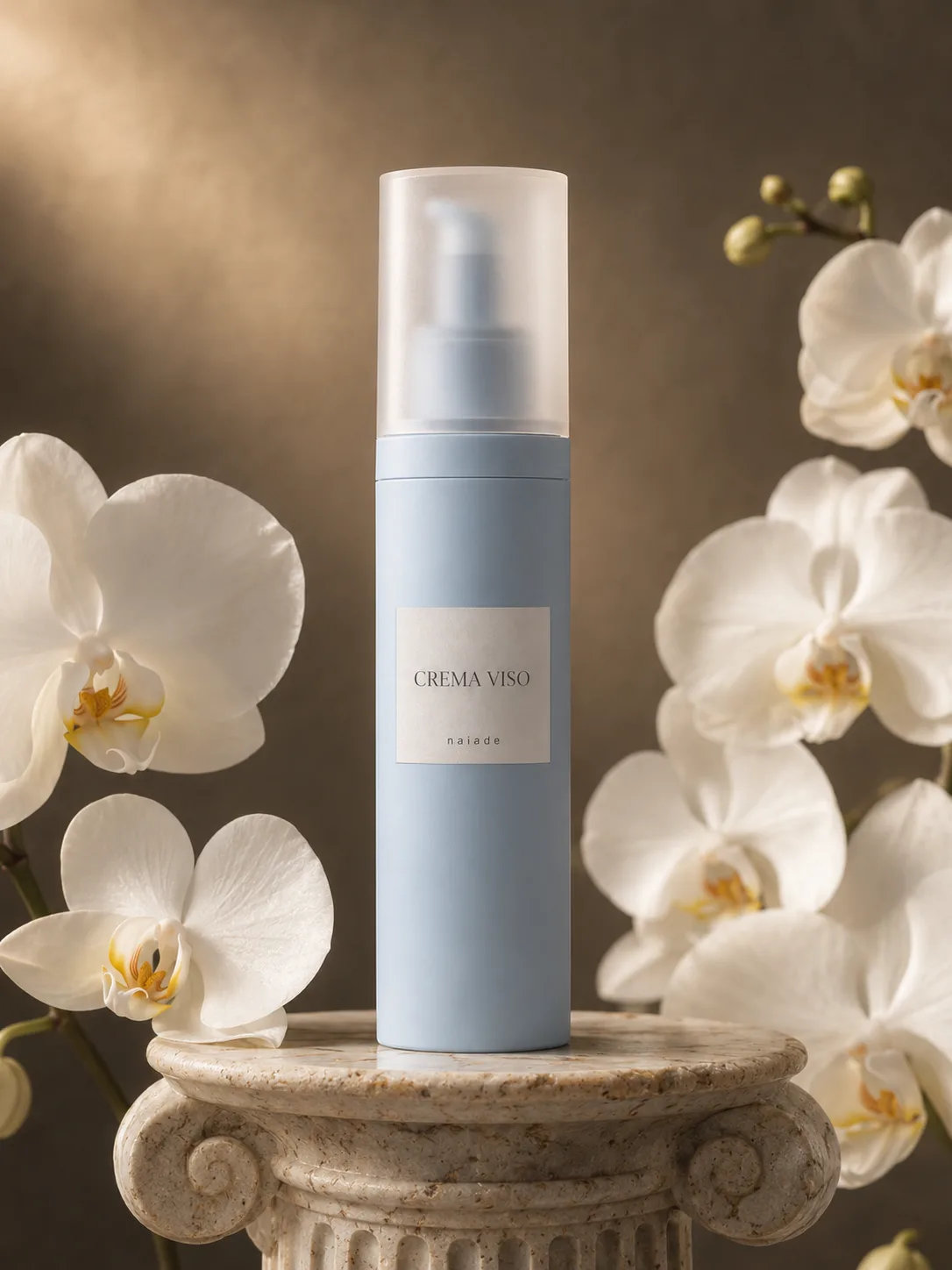 Crema Viso Idratante su un capitello di marmo tra orchidee