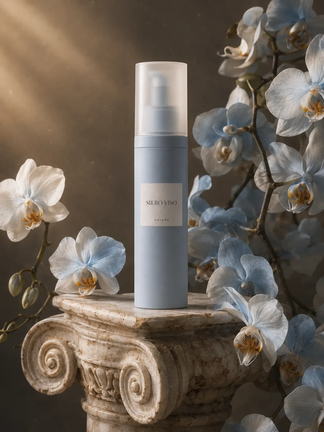 Siero Viso Illuminante su un capitello di marmo tra orchidee