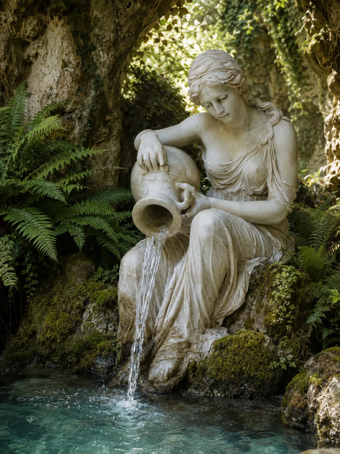 Statua di ninfa presso una sorgente